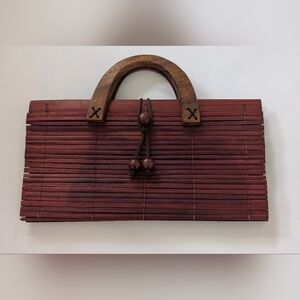 Vintage Thai-Style Red Bamboo Clutch Bag With Wooden Handles